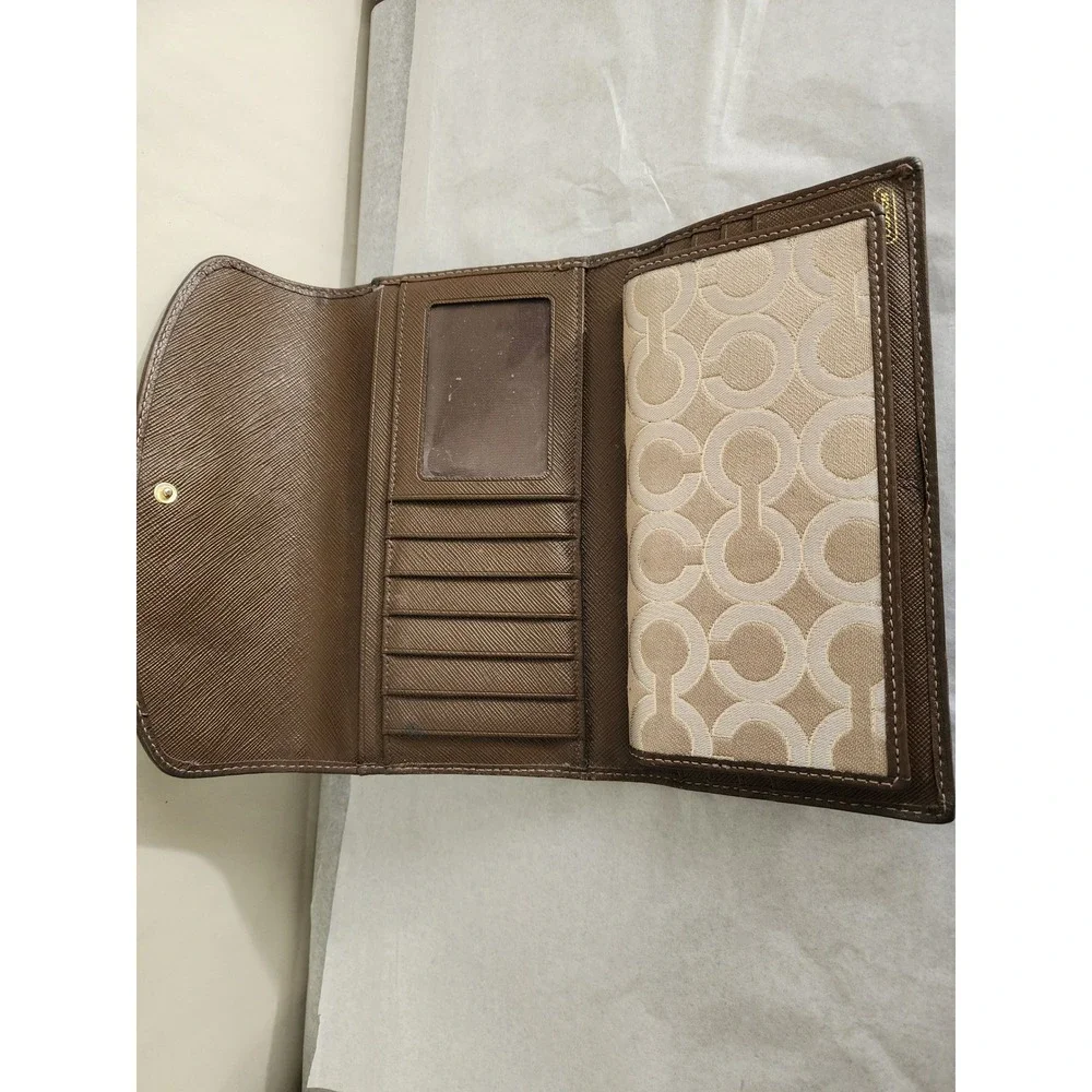 Coach Signature Jacquard Trifold Wallet Brown Tan Leather Horse Carriage Logo